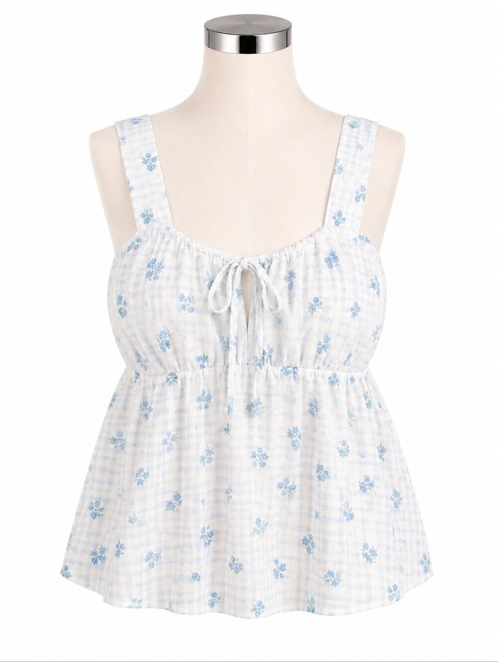 Sugar Kiss NWT Chiffon Blue Gingham Floral Babydoll Tank Top Sz Juniors XL Boho